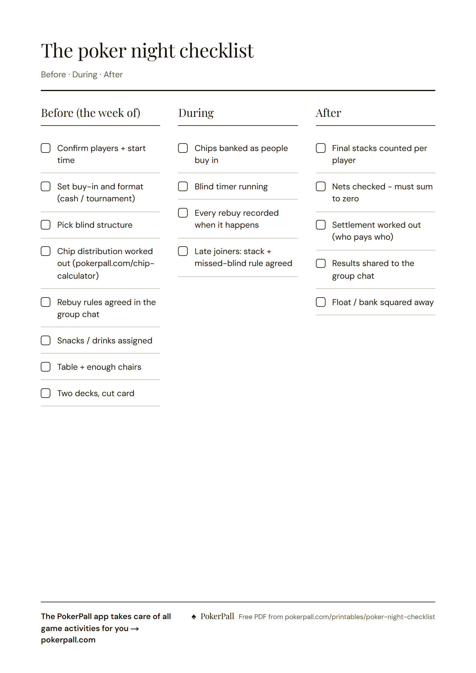 Preview of the first page of the the printable poker night checklist PDF